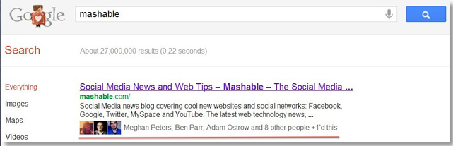 Example of how Google+ affects organic search ranking and display.